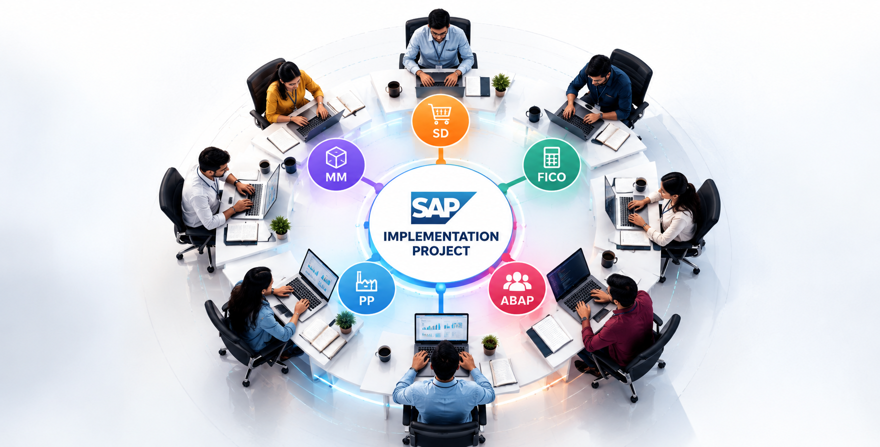 Five SAP interns — SD, MM, FICO, PP and ABAP — collaborating around one implementation project